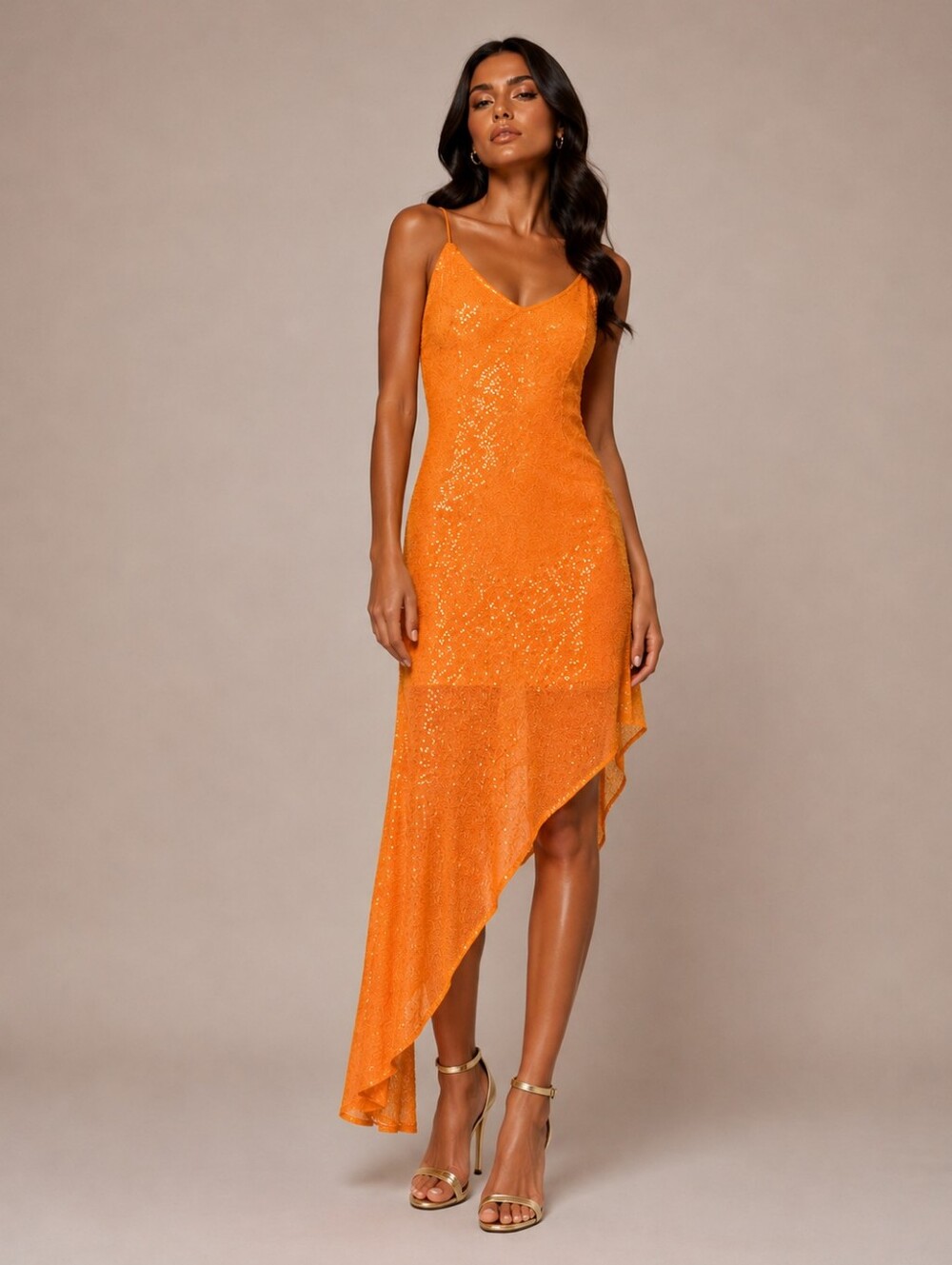 Rotate Orange Kanelios Sequin Asymmetric Maxi Dress Size 10
